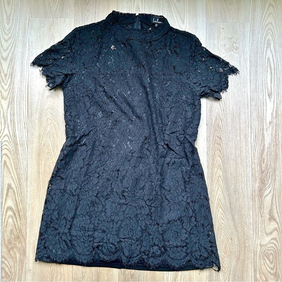 Lulus Black Lace Mini Dress Short Sleeves High Neck - Picture 1 of 6